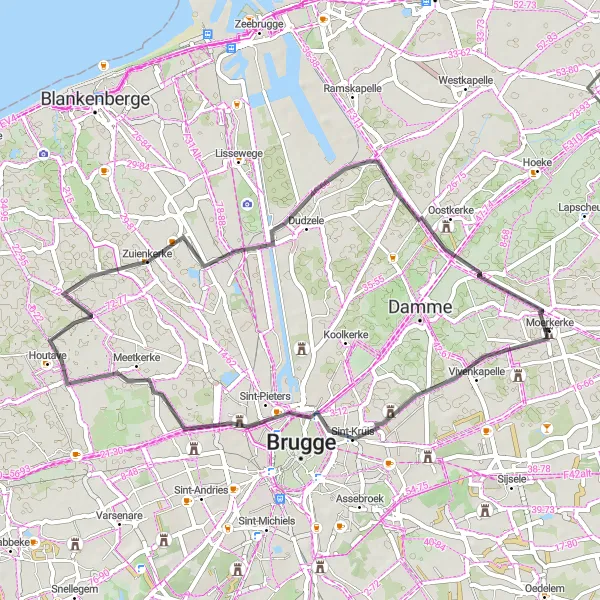 Karten-Miniaturansicht der Radinspiration "Kultur und Geschichte entlang der Straßen von Moerkerke" in Prov. West-Vlaanderen, Belgium. Erstellt vom Tarmacs.app-Routenplaner für Radtouren