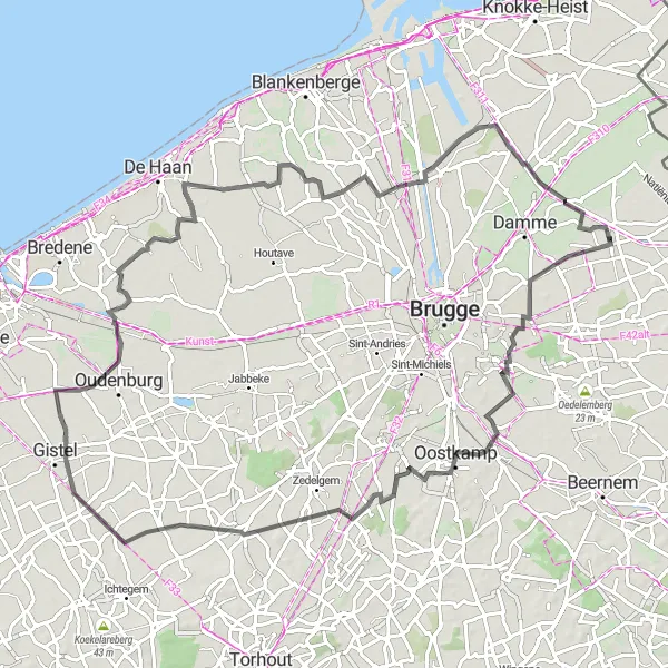 Map miniature of "A Tour Through Historic Villages and Castles" cycling inspiration in Prov. West-Vlaanderen, Belgium. Generated by Tarmacs.app cycling route planner