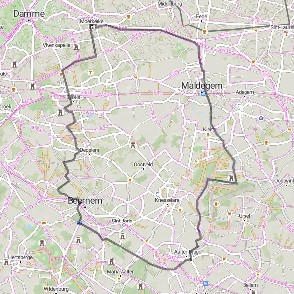 Karten-Miniaturansicht der Radinspiration "Maldegem-Uitkijkheuvel Maldegemveld-Beernem-Oedelemberg-Sijsele Rundfahrt" in Prov. West-Vlaanderen, Belgium. Erstellt vom Tarmacs.app-Routenplaner für Radtouren