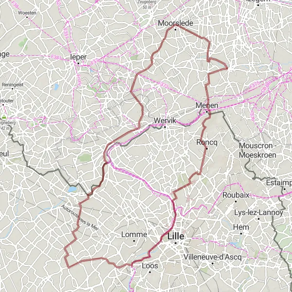 Miniatuurkaart van de fietsinspiratie "Avontuurlijke gravelroute door het platteland" in Prov. West-Vlaanderen, Belgium. Gemaakt door de Tarmacs.app fietsrouteplanner