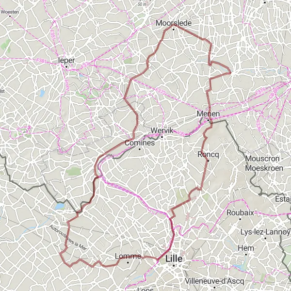 Miniature de la carte de l'inspiration cycliste "Parcours unique de 91 km en gravier autour de Moorsele" dans la Prov. West-Vlaanderen, Belgium. Générée par le planificateur d'itinéraire cycliste Tarmacs.app