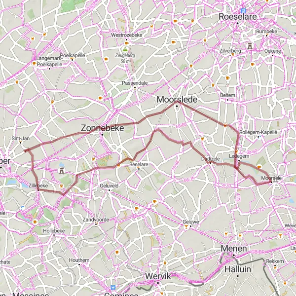 Miniature de la carte de l'inspiration cycliste "Itinéraire de 48 km en gravier au départ de Moorsele" dans la Prov. West-Vlaanderen, Belgium. Générée par le planificateur d'itinéraire cycliste Tarmacs.app