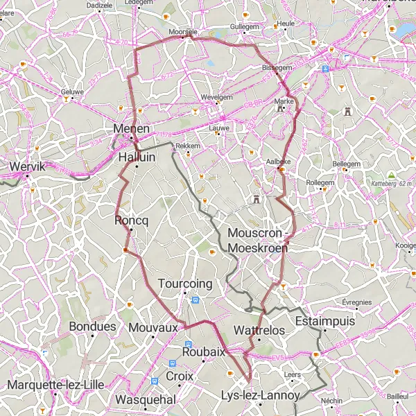 Karten-Miniaturansicht der Radinspiration "Gravel-Rundweg von Moorsele nach Roncq" in Prov. West-Vlaanderen, Belgium. Erstellt vom Tarmacs.app-Routenplaner für Radtouren