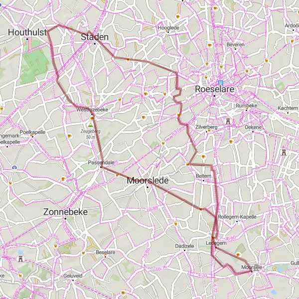 Karten-Miniaturansicht der Radinspiration "Feldwege von Moorsele nach Ledegem" in Prov. West-Vlaanderen, Belgium. Erstellt vom Tarmacs.app-Routenplaner für Radtouren