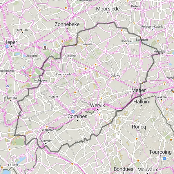 Miniatuurkaart van de fietsinspiratie "Fietsen door Menen en omgeving" in Prov. West-Vlaanderen, Belgium. Gemaakt door de Tarmacs.app fietsrouteplanner