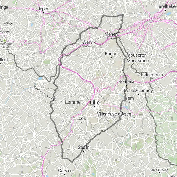 Map miniature of "Moorsele Castle and Roubaix" cycling inspiration in Prov. West-Vlaanderen, Belgium. Generated by Tarmacs.app cycling route planner