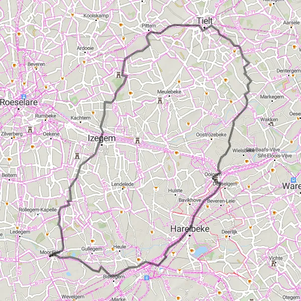 Miniature de la carte de l'inspiration cycliste "Boucle autour de Moorsele par les châteaux et les parcs" dans la Prov. West-Vlaanderen, Belgium. Générée par le planificateur d'itinéraire cycliste Tarmacs.app