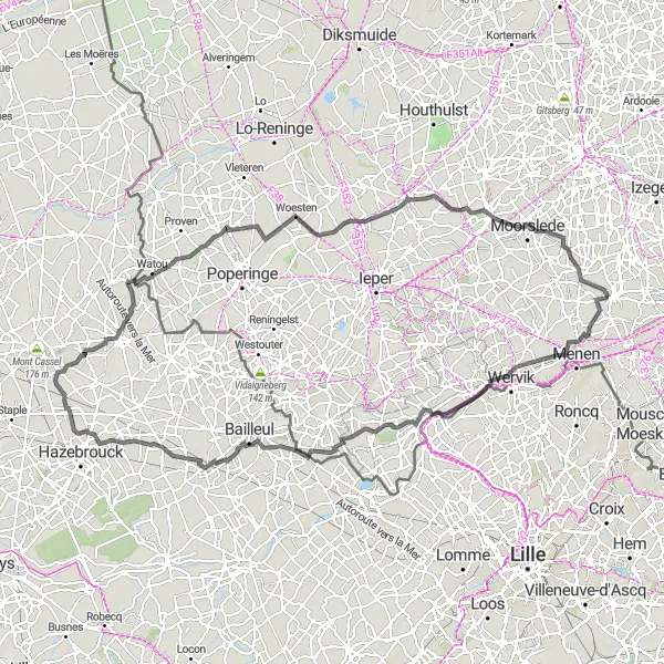 Miniatuurkaart van de fietsinspiratie "Grensoverschrijdende avonturen en historische sites" in Prov. West-Vlaanderen, Belgium. Gemaakt door de Tarmacs.app fietsrouteplanner