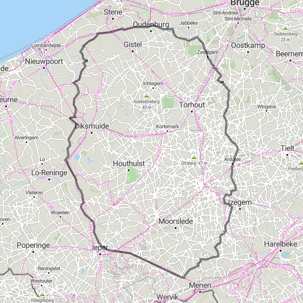 Map miniature of "Coastal Road and Hidden Gems Discovery" cycling inspiration in Prov. West-Vlaanderen, Belgium. Generated by Tarmacs.app cycling route planner