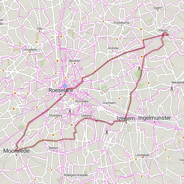 Miniatuurkaart van de fietsinspiratie "Gravelroute van Moorslede naar Oekene" in Prov. West-Vlaanderen, Belgium. Gemaakt door de Tarmacs.app fietsrouteplanner