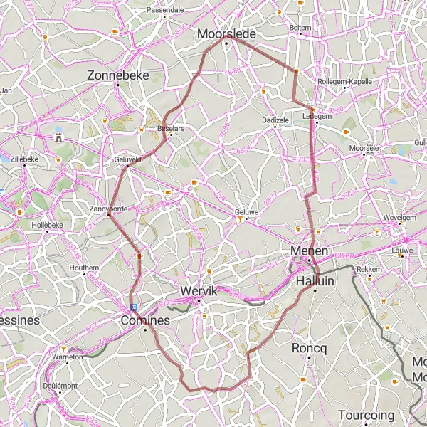 Map miniature of "Moorslede Gravel Adventure" cycling inspiration in Prov. West-Vlaanderen, Belgium. Generated by Tarmacs.app cycling route planner