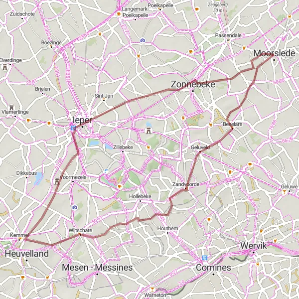 Map miniature of "Moorslede to Broodseinde Gravel Ride" cycling inspiration in Prov. West-Vlaanderen, Belgium. Generated by Tarmacs.app cycling route planner