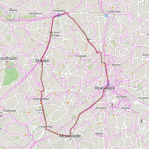 Map miniature of "Moorslede Gravel Loop" cycling inspiration in Prov. West-Vlaanderen, Belgium. Generated by Tarmacs.app cycling route planner