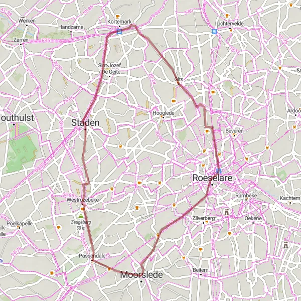 Miniatuurkaart van de fietsinspiratie "Gravelroute van Moorslede naar Roeselare" in Prov. West-Vlaanderen, Belgium. Gemaakt door de Tarmacs.app fietsrouteplanner