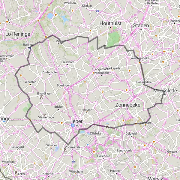 Map miniature of "Moorslede to Westrozebeke Road Ride" cycling inspiration in Prov. West-Vlaanderen, Belgium. Generated by Tarmacs.app cycling route planner