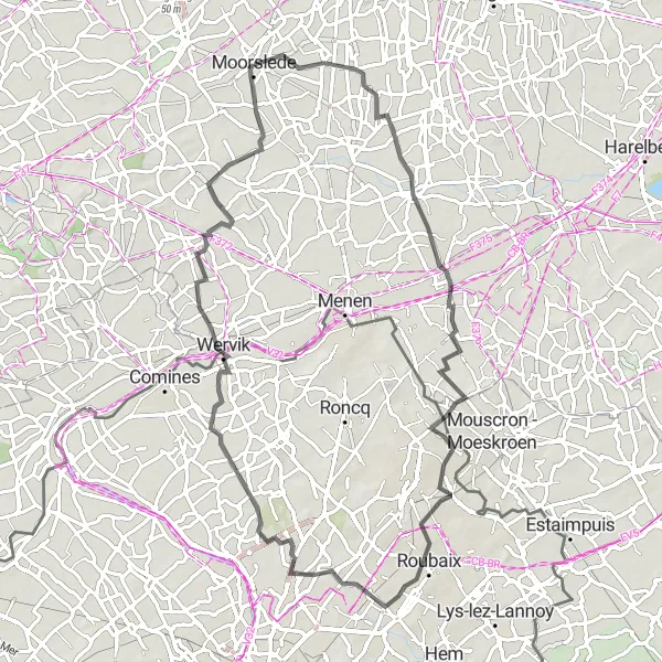Map miniature of "Moorslede to Waterdam Road Ride" cycling inspiration in Prov. West-Vlaanderen, Belgium. Generated by Tarmacs.app cycling route planner