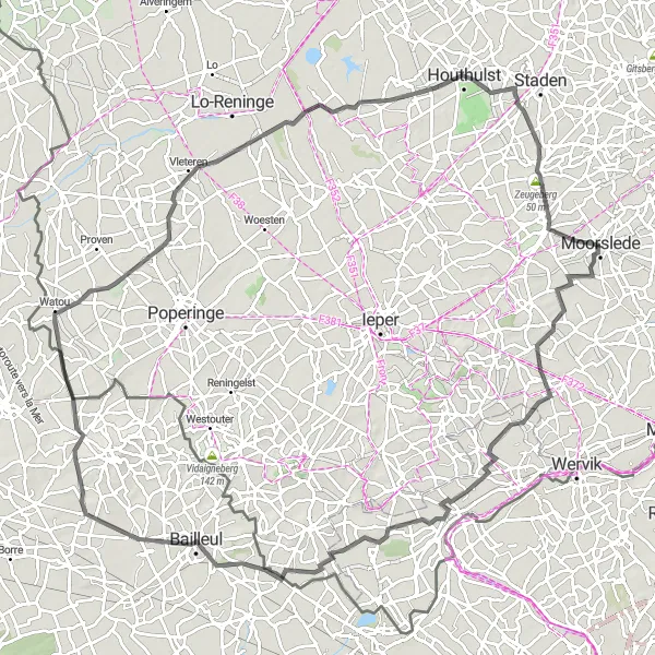 Map miniature of "Moorslede to Passchendaele Loop" cycling inspiration in Prov. West-Vlaanderen, Belgium. Generated by Tarmacs.app cycling route planner