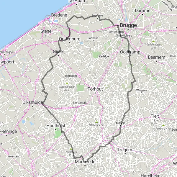 Map miniature of "Moorslede to Zilverberg" cycling inspiration in Prov. West-Vlaanderen, Belgium. Generated by Tarmacs.app cycling route planner
