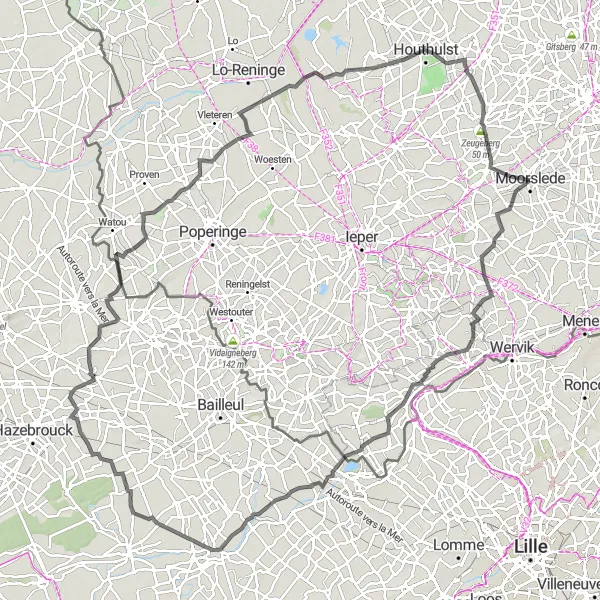 Karten-Miniaturansicht der Radinspiration "Rundreise von Moorslede nach Ten Brielen und Estaires" in Prov. West-Vlaanderen, Belgium. Erstellt vom Tarmacs.app-Routenplaner für Radtouren