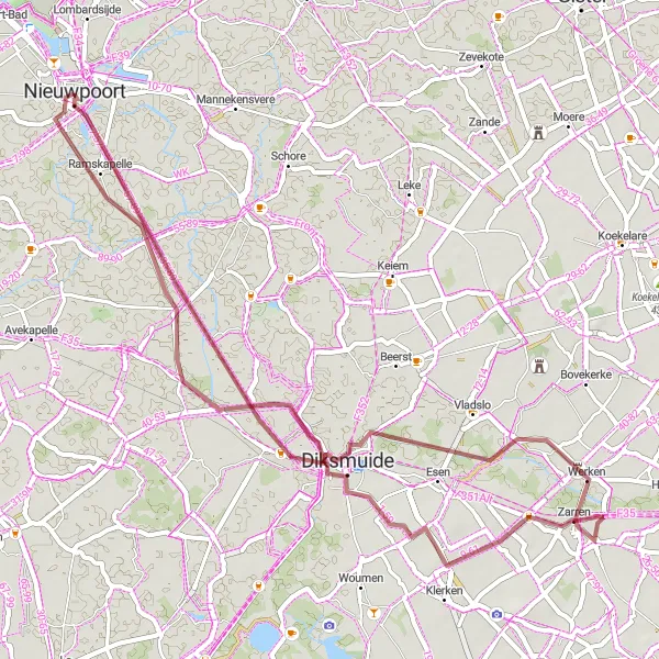 Map miniature of "Kaaskerke and Pervijze Gravel Route" cycling inspiration in Prov. West-Vlaanderen, Belgium. Generated by Tarmacs.app cycling route planner