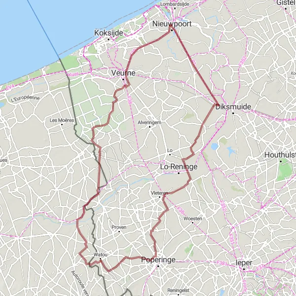 Map miniature of "Kaaskerke and Sint-Jan Ter Biezen Gravel Route" cycling inspiration in Prov. West-Vlaanderen, Belgium. Generated by Tarmacs.app cycling route planner