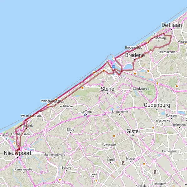 Miniatuurkaart van de fietsinspiratie "Cultuur en natuur langs de kust" in Prov. West-Vlaanderen, Belgium. Gemaakt door de Tarmacs.app fietsrouteplanner