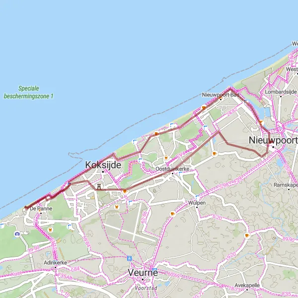 Map miniature of "Nieuwpoort - Oostduinkerke Round-trip" cycling inspiration in Prov. West-Vlaanderen, Belgium. Generated by Tarmacs.app cycling route planner