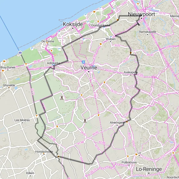 Miniatuurkaart van de fietsinspiratie "Verkenning van de polders" in Prov. West-Vlaanderen, Belgium. Gemaakt door de Tarmacs.app fietsrouteplanner