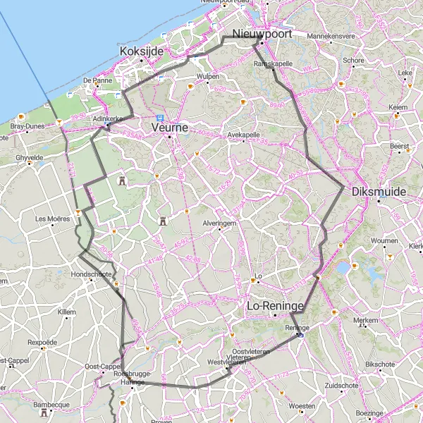 Miniature de la carte de l'inspiration cycliste "Aventure à Oudekapelle, Krombeke et De Moeren" dans la Prov. West-Vlaanderen, Belgium. Générée par le planificateur d'itinéraire cycliste Tarmacs.app