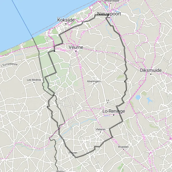 Miniature de la carte de l'inspiration cycliste "Route des Châteaux et des Polders" dans la Prov. West-Vlaanderen, Belgium. Générée par le planificateur d'itinéraire cycliste Tarmacs.app