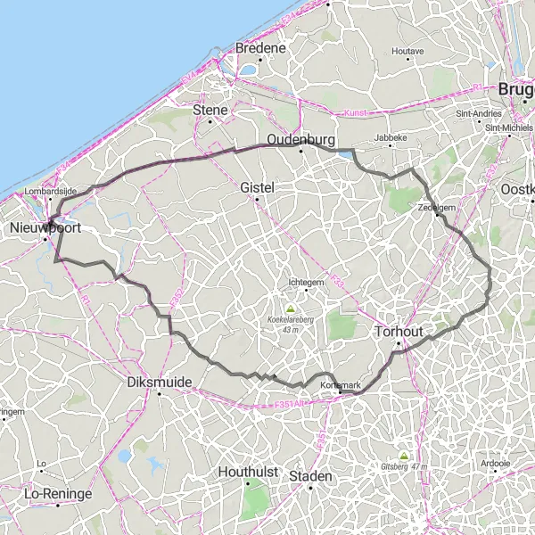 Karten-Miniaturansicht der Radinspiration "Weite Erkundungsfahrt entlang der belgischen Küste" in Prov. West-Vlaanderen, Belgium. Erstellt vom Tarmacs.app-Routenplaner für Radtouren