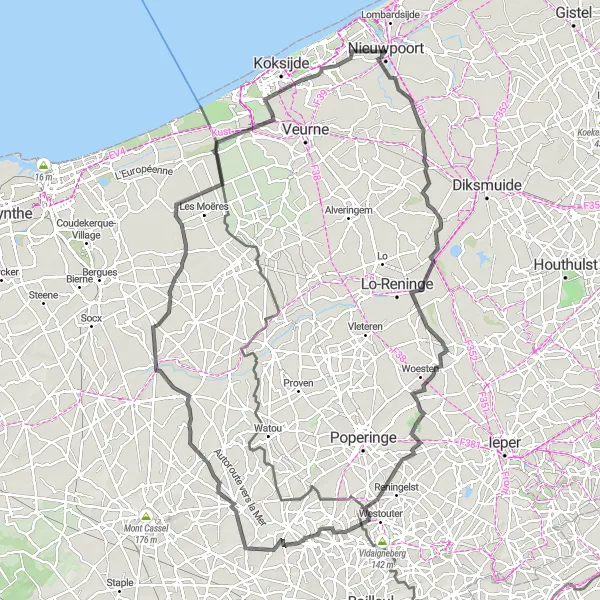 Map miniature of "Oudekapelle and Mont Kokereel Road Route" cycling inspiration in Prov. West-Vlaanderen, Belgium. Generated by Tarmacs.app cycling route planner