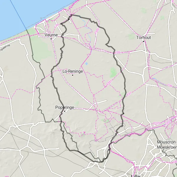 Map miniature of "Mannekensvere and Frelinghien Road Route" cycling inspiration in Prov. West-Vlaanderen, Belgium. Generated by Tarmacs.app cycling route planner
