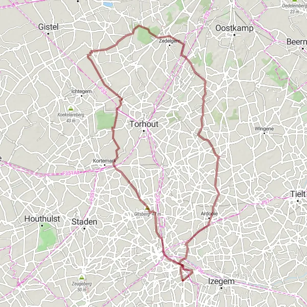 Miniatuurkaart van de fietsinspiratie "Kastelen en Natuurpracht Route" in Prov. West-Vlaanderen, Belgium. Gemaakt door de Tarmacs.app fietsrouteplanner