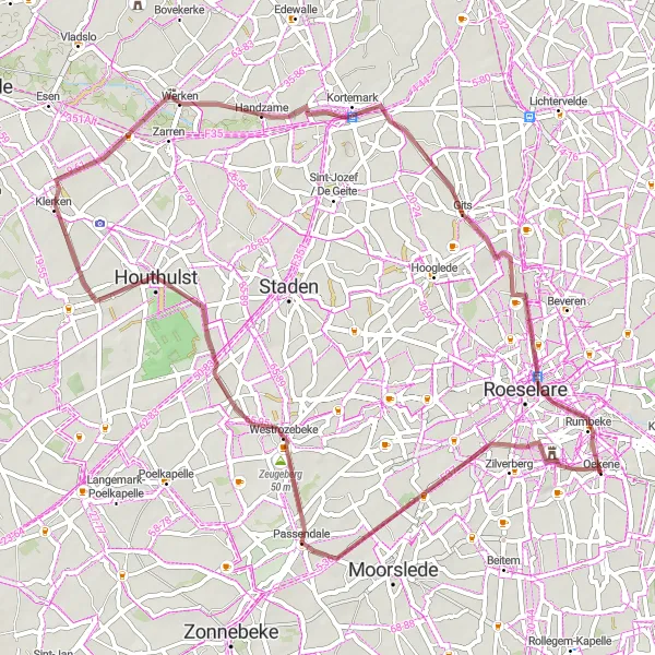 Karten-Miniaturansicht der Radinspiration "Gravelroute um Oekene" in Prov. West-Vlaanderen, Belgium. Erstellt vom Tarmacs.app-Routenplaner für Radtouren