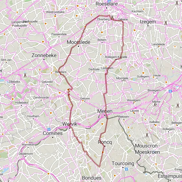 Map miniature of "Scenic Gravel Ride from Oekene to Menen" cycling inspiration in Prov. West-Vlaanderen, Belgium. Generated by Tarmacs.app cycling route planner
