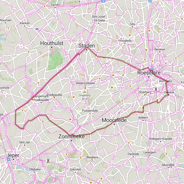 Miniature de la carte de l'inspiration cycliste "Parcours nature à Oekene" dans la Prov. West-Vlaanderen, Belgium. Générée par le planificateur d'itinéraire cycliste Tarmacs.app