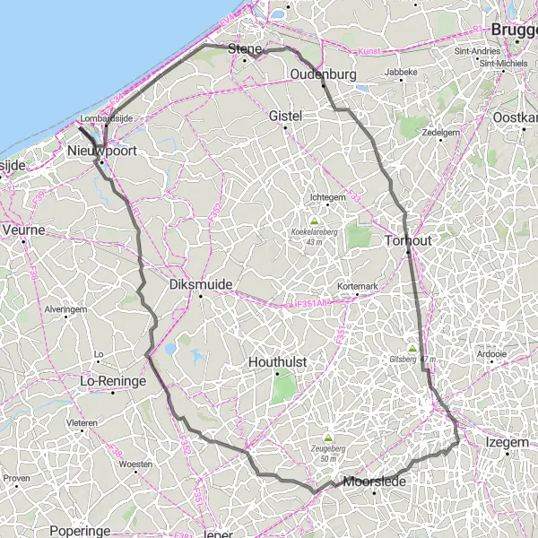 Map miniature of "Oekene to Torhout Circular Route" cycling inspiration in Prov. West-Vlaanderen, Belgium. Generated by Tarmacs.app cycling route planner