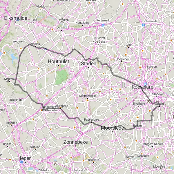 Map miniature of "Historical Road Cycling Tour from Oekene to Roeselare" cycling inspiration in Prov. West-Vlaanderen, Belgium. Generated by Tarmacs.app cycling route planner