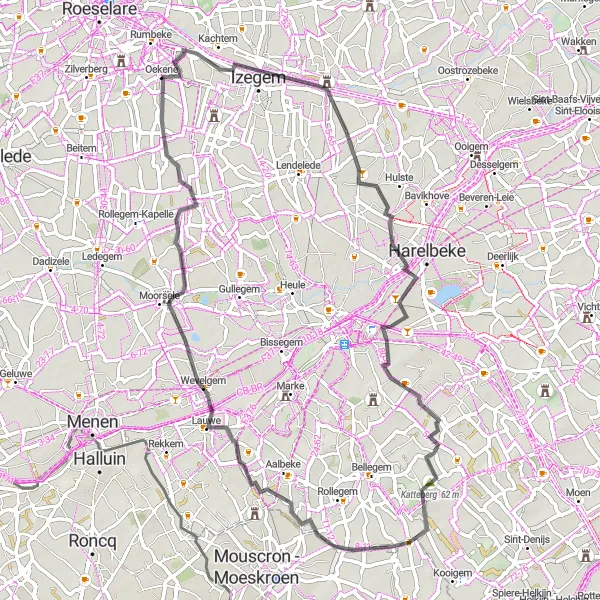 Miniatuurkaart van de fietsinspiratie "Kastelen en Heuvels Route" in Prov. West-Vlaanderen, Belgium. Gemaakt door de Tarmacs.app fietsrouteplanner