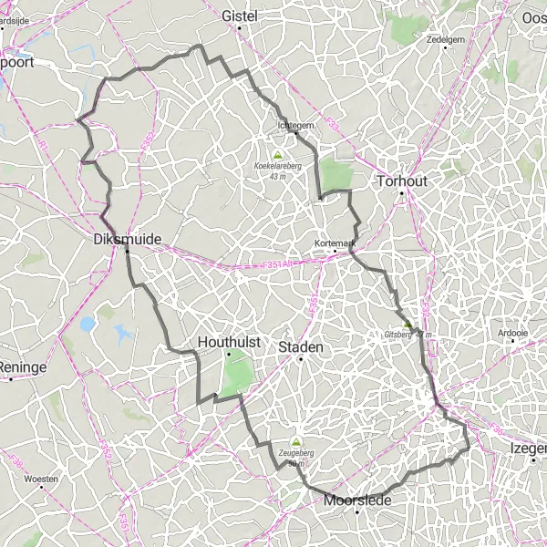 Miniature de la carte de l'inspiration cycliste "Circuit des Collines de Flandre" dans la Prov. West-Vlaanderen, Belgium. Générée par le planificateur d'itinéraire cycliste Tarmacs.app