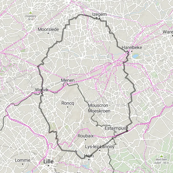 Miniature de la carte de l'inspiration cycliste "Le défi des collines flamandes" dans la Prov. West-Vlaanderen, Belgium. Générée par le planificateur d'itinéraire cycliste Tarmacs.app
