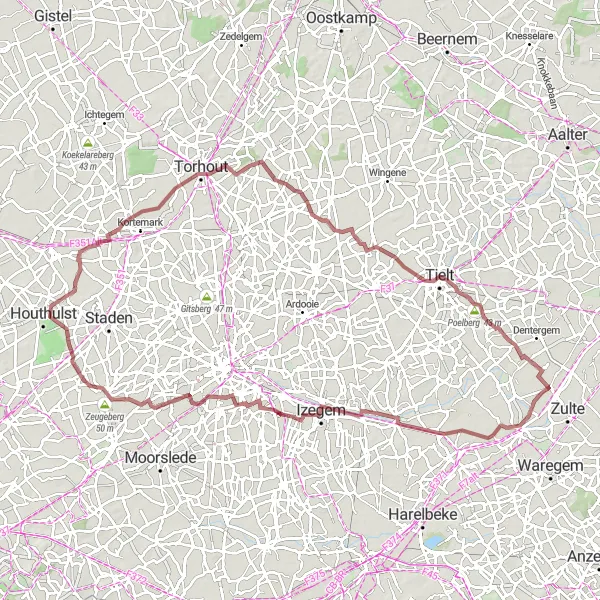 Miniature de la carte de l'inspiration cycliste "Parcours unique autour d'Oeselgem" dans la Prov. West-Vlaanderen, Belgium. Générée par le planificateur d'itinéraire cycliste Tarmacs.app