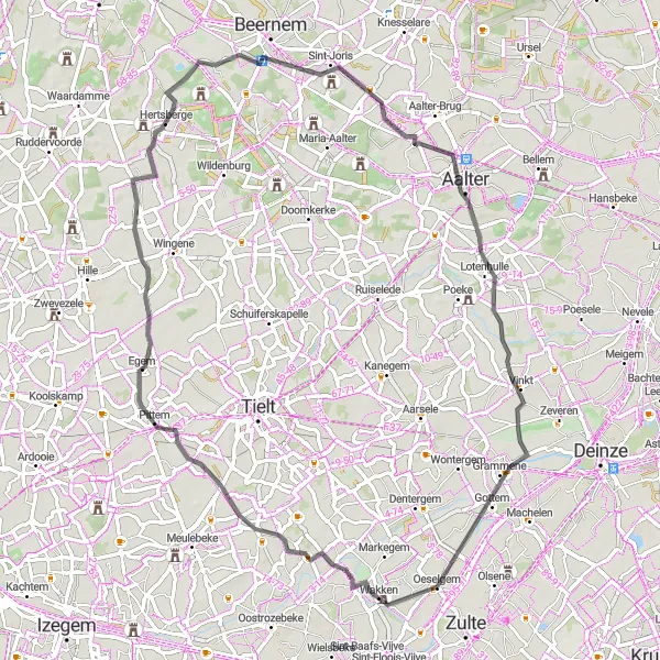 Karten-Miniaturansicht der Radinspiration "Rundtour durch Oeselgem und Umgebung" in Prov. West-Vlaanderen, Belgium. Erstellt vom Tarmacs.app-Routenplaner für Radtouren