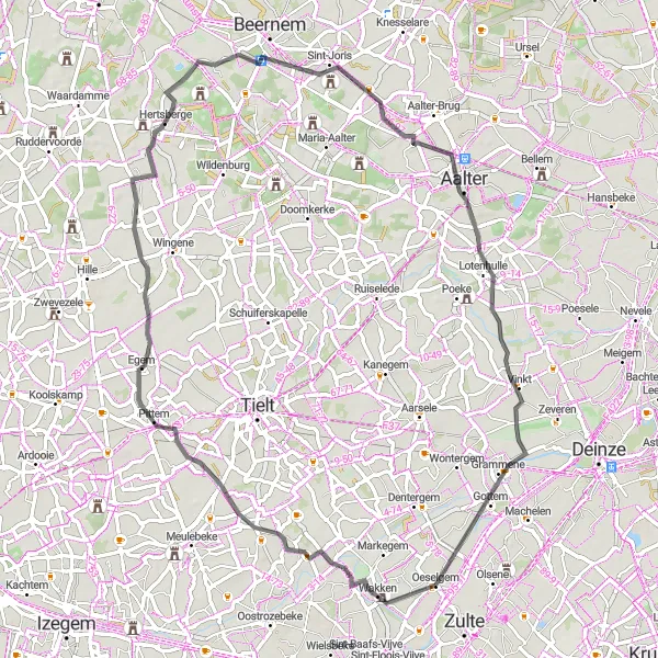 Map miniature of "The Wakken Adventure" cycling inspiration in Prov. West-Vlaanderen, Belgium. Generated by Tarmacs.app cycling route planner