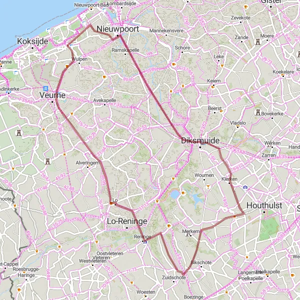 Karten-Miniaturansicht der Radinspiration "Gravelroute von Oostduinkerke nach Pervijze" in Prov. West-Vlaanderen, Belgium. Erstellt vom Tarmacs.app-Routenplaner für Radtouren