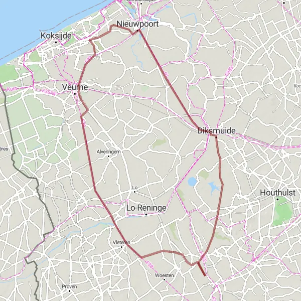 Miniatuurkaart van de fietsinspiratie "Gravelroute Oostduinkerke - Pervijze - Woumen - Hoogstade - Sint-Niklaastoren" in Prov. West-Vlaanderen, Belgium. Gemaakt door de Tarmacs.app fietsrouteplanner