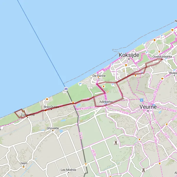 Map miniature of "Oostduinkerke Adinkerke Loop" cycling inspiration in Prov. West-Vlaanderen, Belgium. Generated by Tarmacs.app cycling route planner