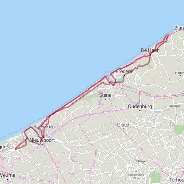 Karten-Miniaturansicht der Radinspiration "Gravelroute von Oostduinkerke nach Lombardsijde" in Prov. West-Vlaanderen, Belgium. Erstellt vom Tarmacs.app-Routenplaner für Radtouren