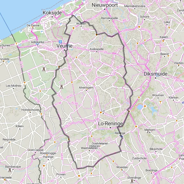 Map miniature of "Oostduinkerke Pervijze Loop" cycling inspiration in Prov. West-Vlaanderen, Belgium. Generated by Tarmacs.app cycling route planner